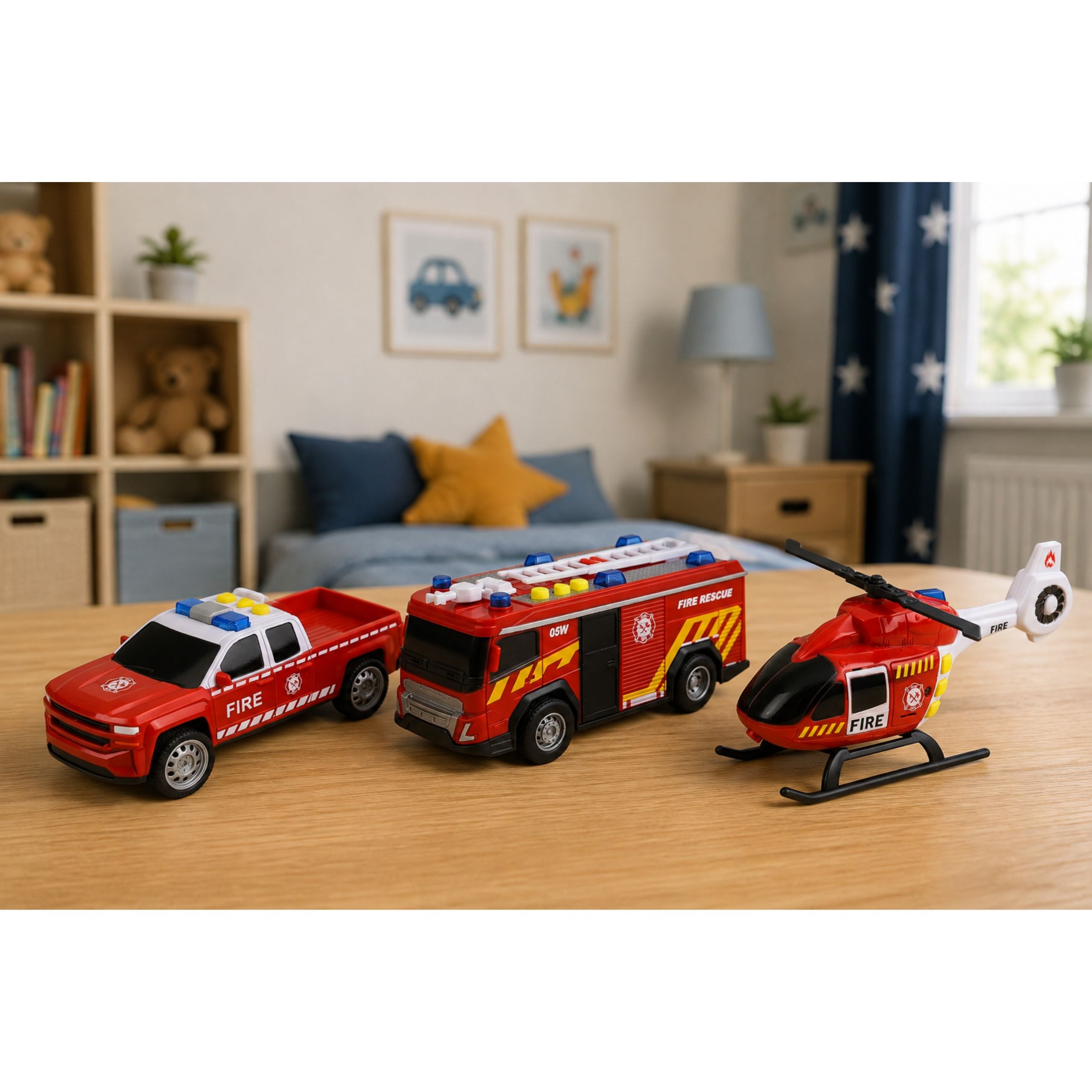 Feuerwehrfahrzeug-Set: Hubschrauberauto-Lichtgeräusche 1:32