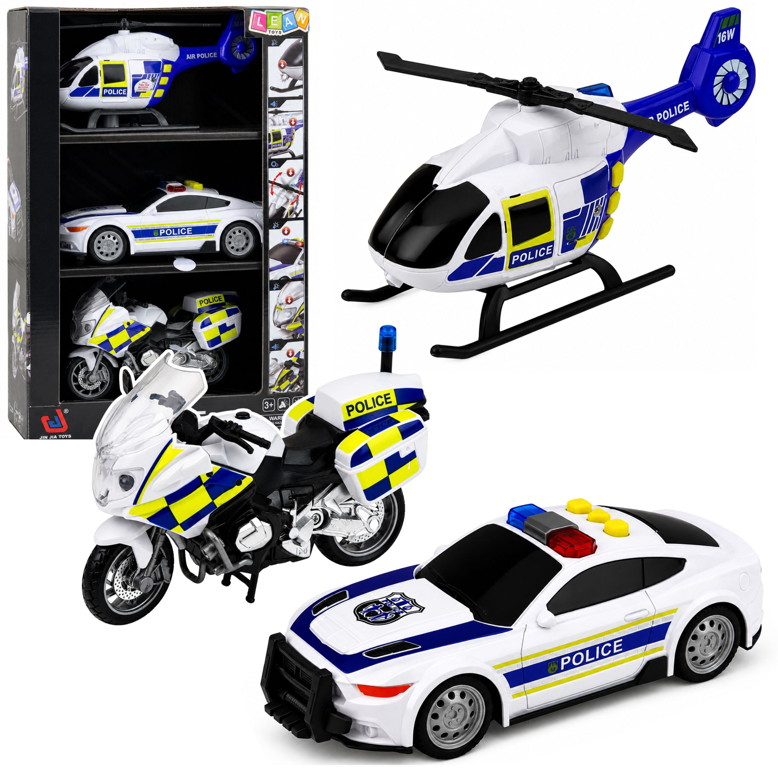 Polizei-Set, Hubschrauber, Motorrad, Polizeiauto, Lichter, Geräusche, 1:32