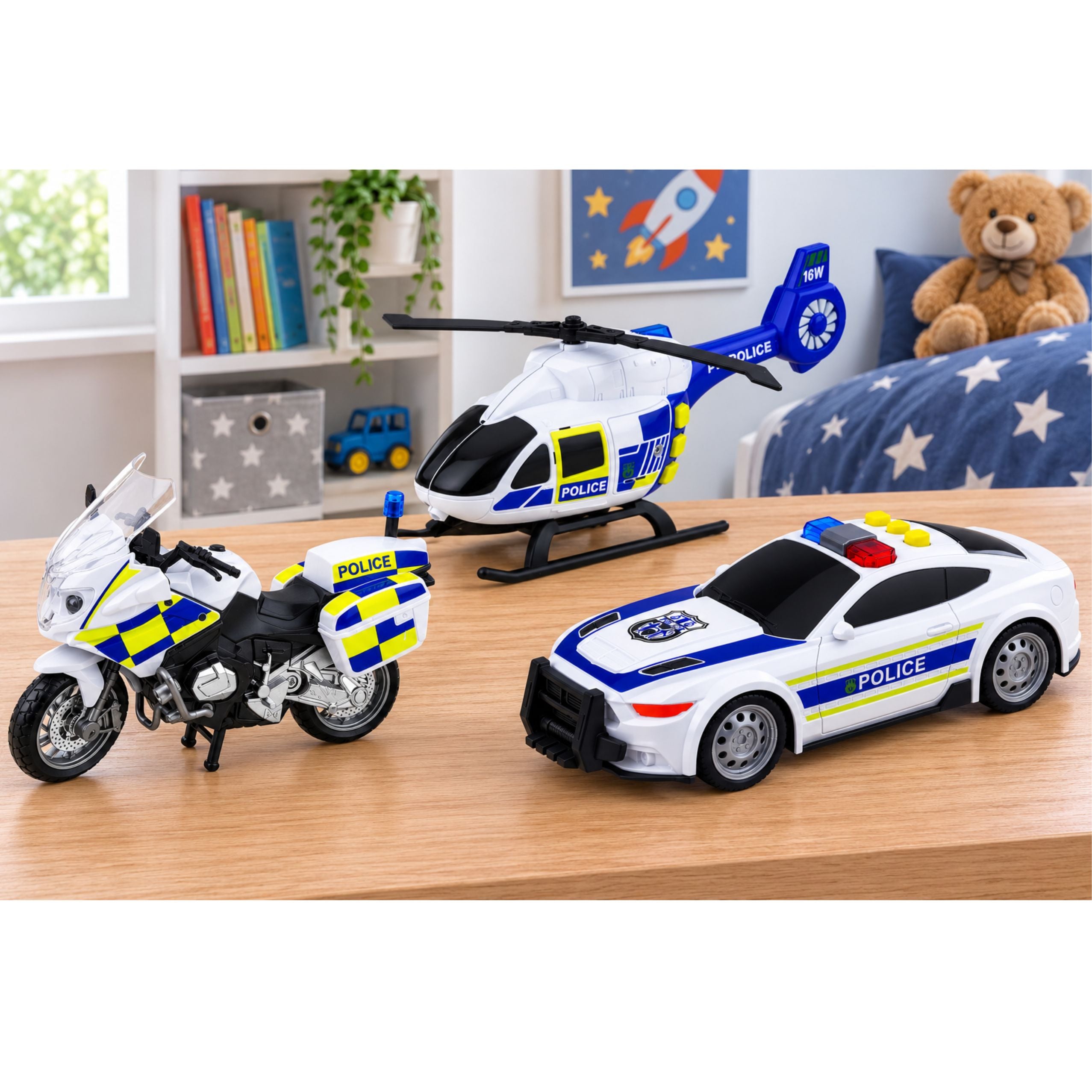 Polizei-Set, Hubschrauber, Motorrad, Polizeiauto, Lichter, Geräusche, 1:32