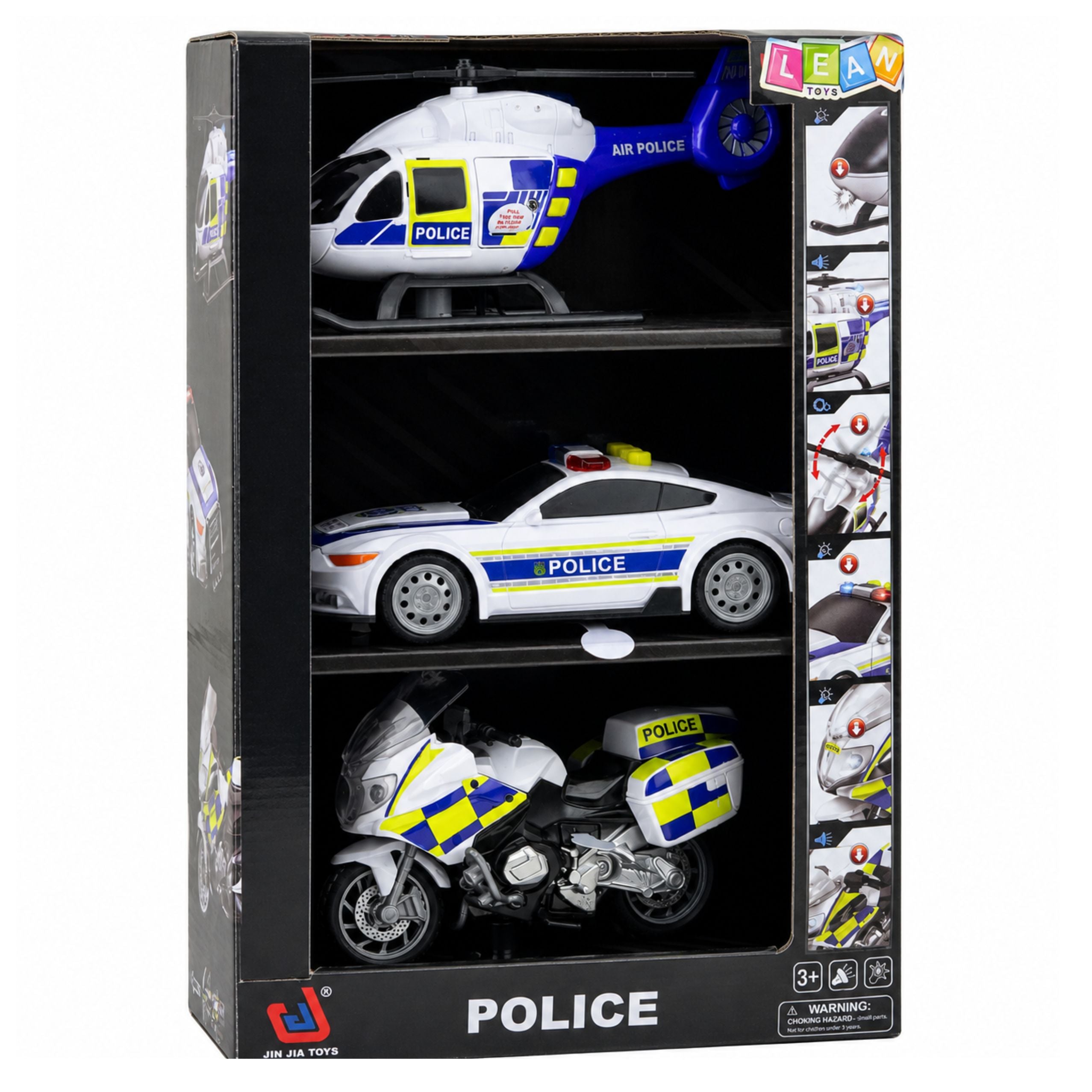 Polizei-Set, Hubschrauber, Motorrad, Polizeiauto, Lichter, Geräusche, 1:32