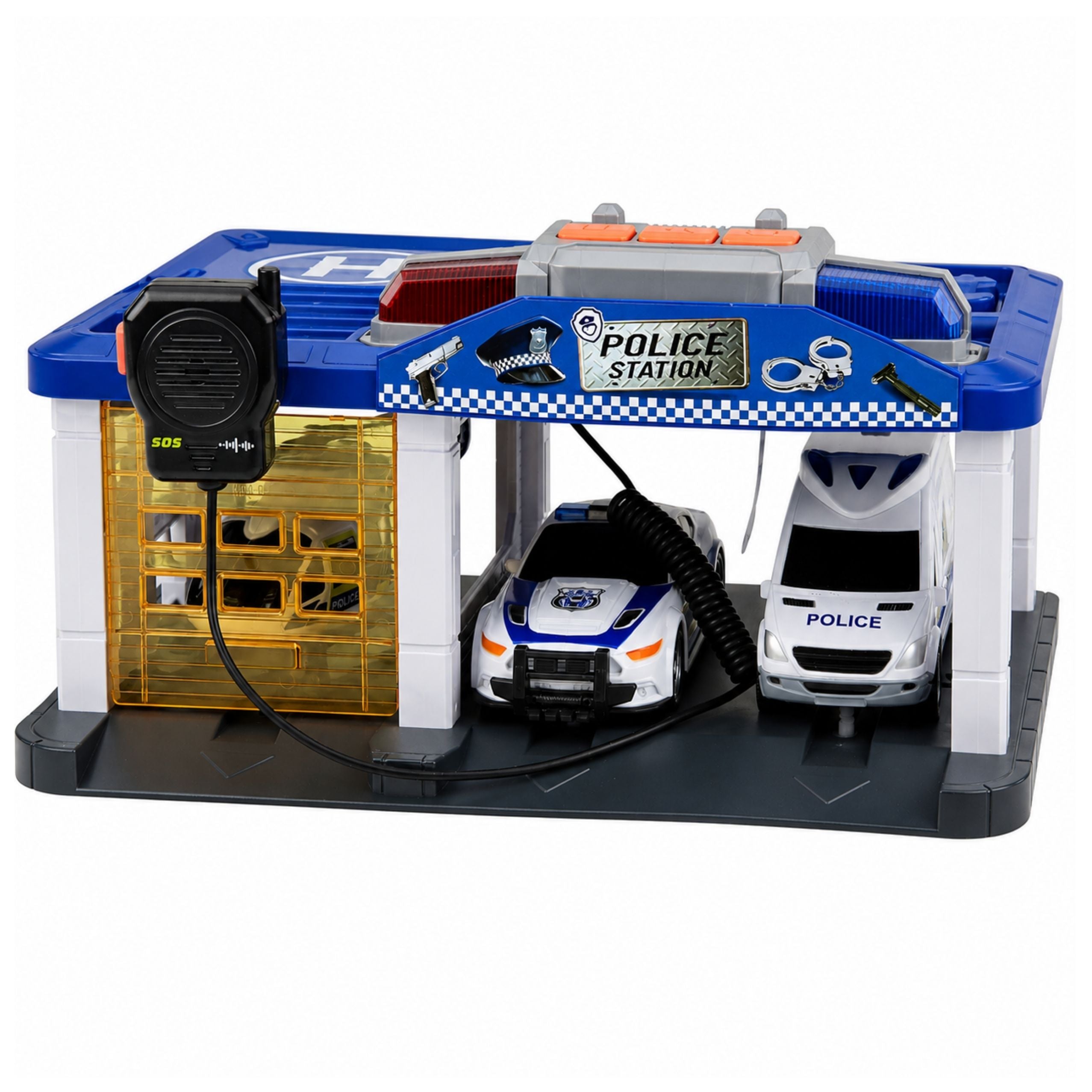 Garage Police Station Police Cars Helicopter Walkie-talkie Lights Sounds