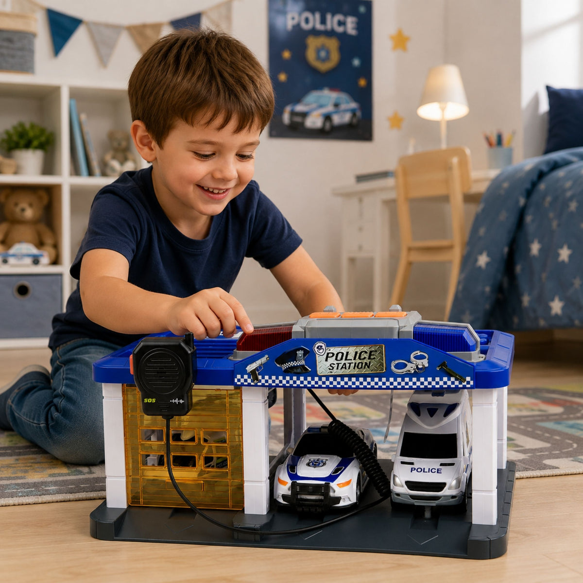 Garage Police Station Police Cars Helicopter Walkie-talkie Lights Sounds