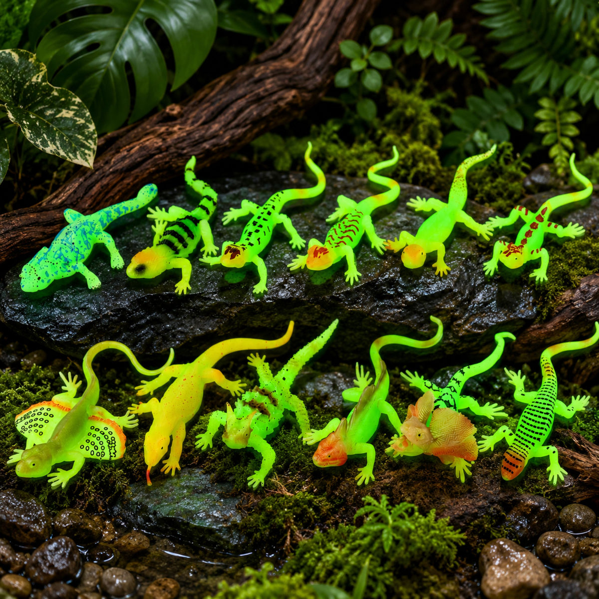 Fluorescerende grøn Glow-in-the-mørke Lizard Gummi Figur 15 cm