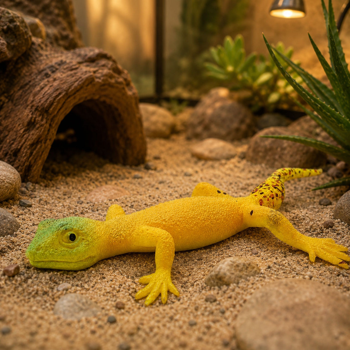 Figurine en caoutchouc Gecko doré reptile réaliste extensible 15,5 cm
