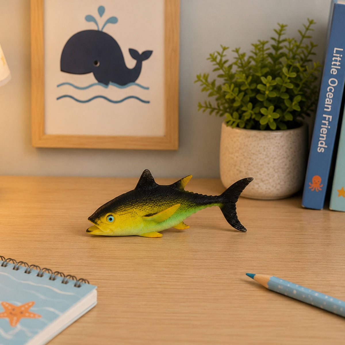 Figura di tonno in gomma di pesce estensibile, realistico pesce dell'oceano 14 cm