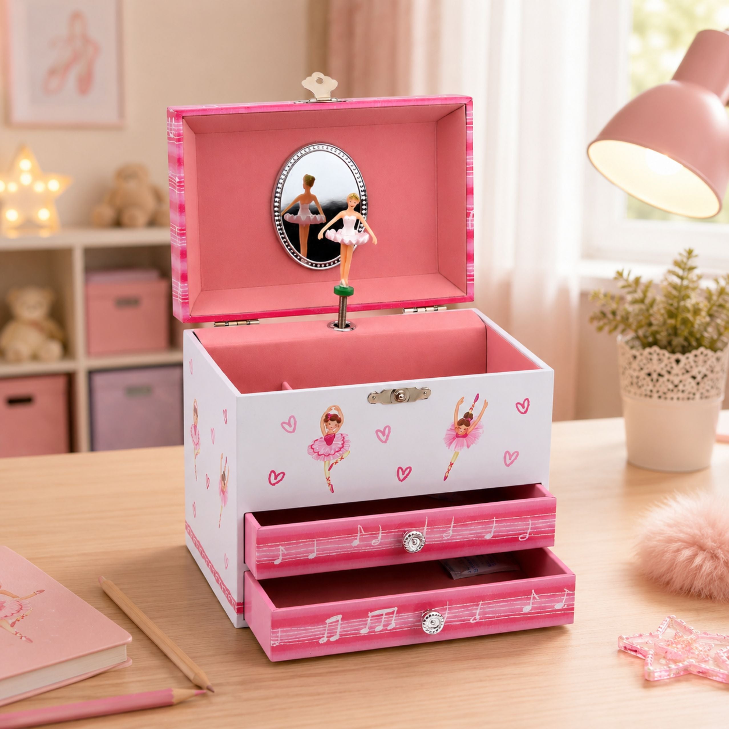 Jewelry Box With Music Box Ballerina Mirror Drawers