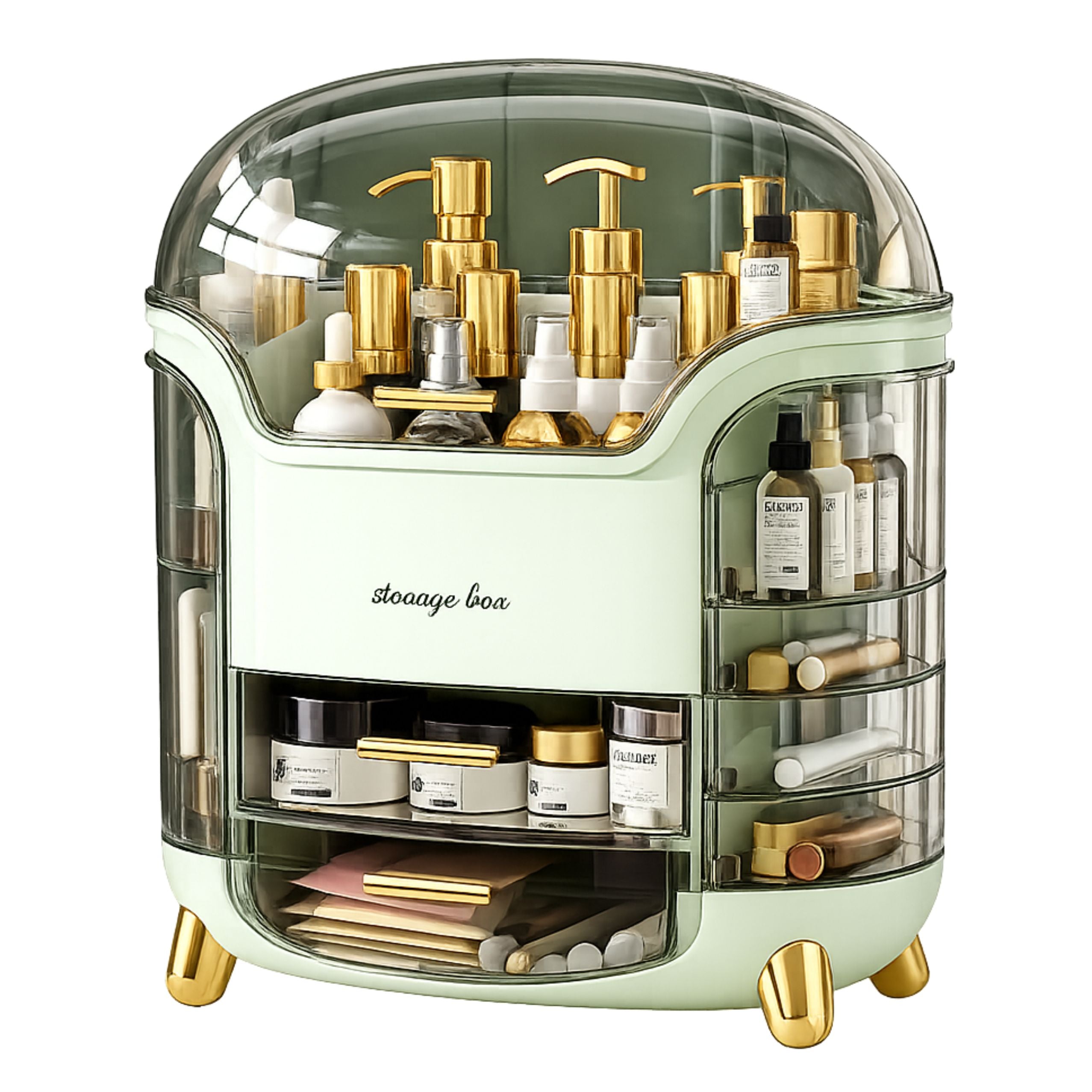 Large Cosmetics Organizer With Drawers And Lid Green