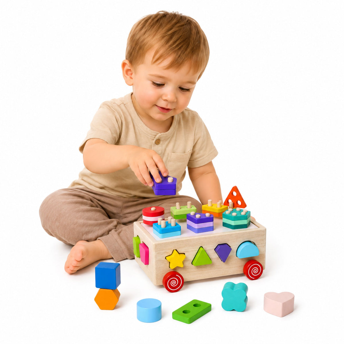 Selezionatore educativo Montessori in legno su ruote forme e numeri