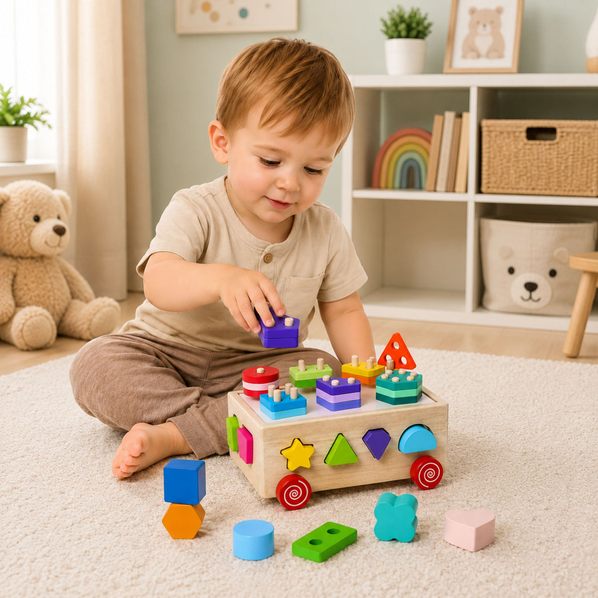 Selezionatore educativo Montessori in legno su ruote forme e numeri