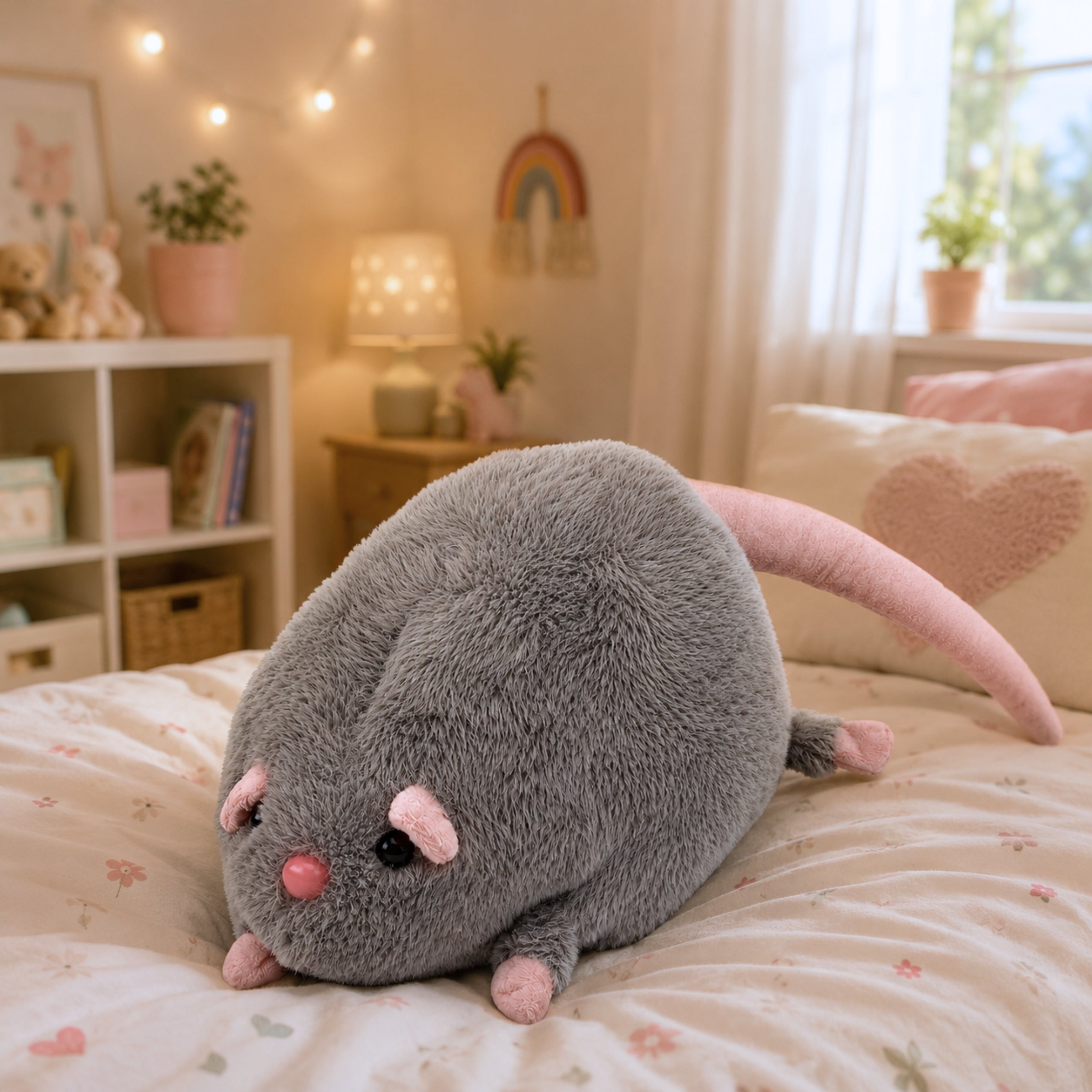 Topo di peluche con coda lunga grigia 40 cm