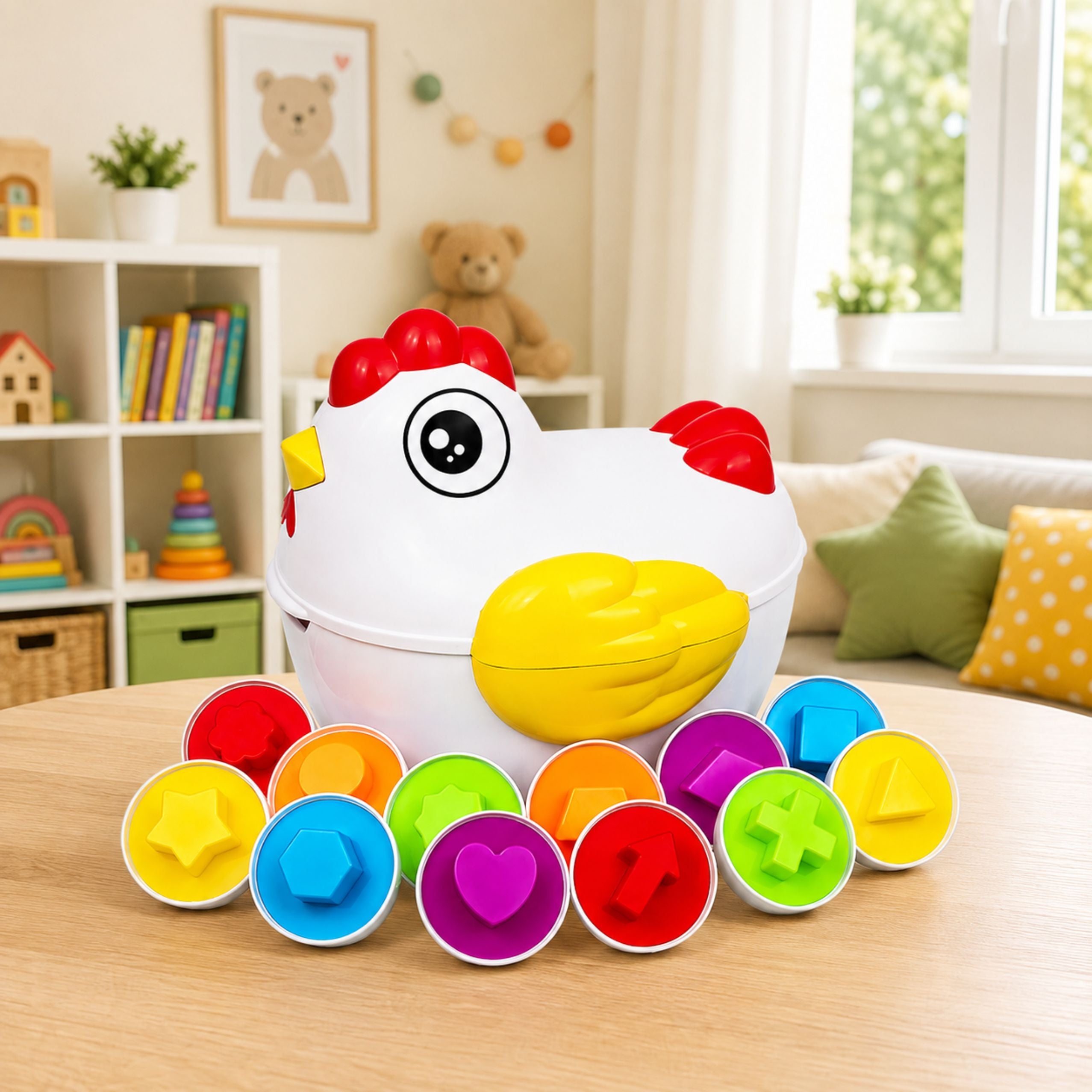 Educational Hen 12 Egg Sorter Learning Shapes Colors Set
