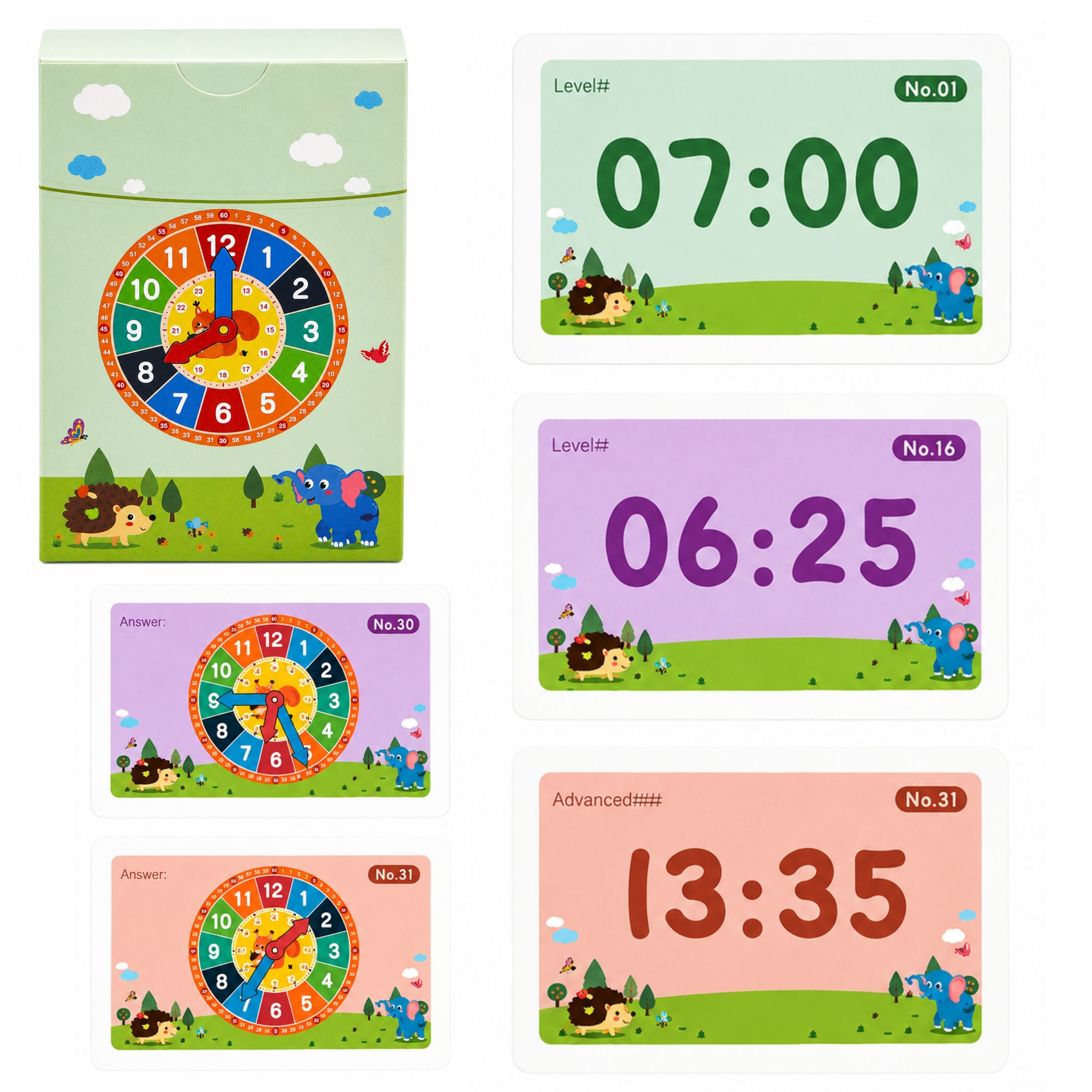 Wooden Educational Clock For Learning Hours Movable Hands Cards 55 Pcs.