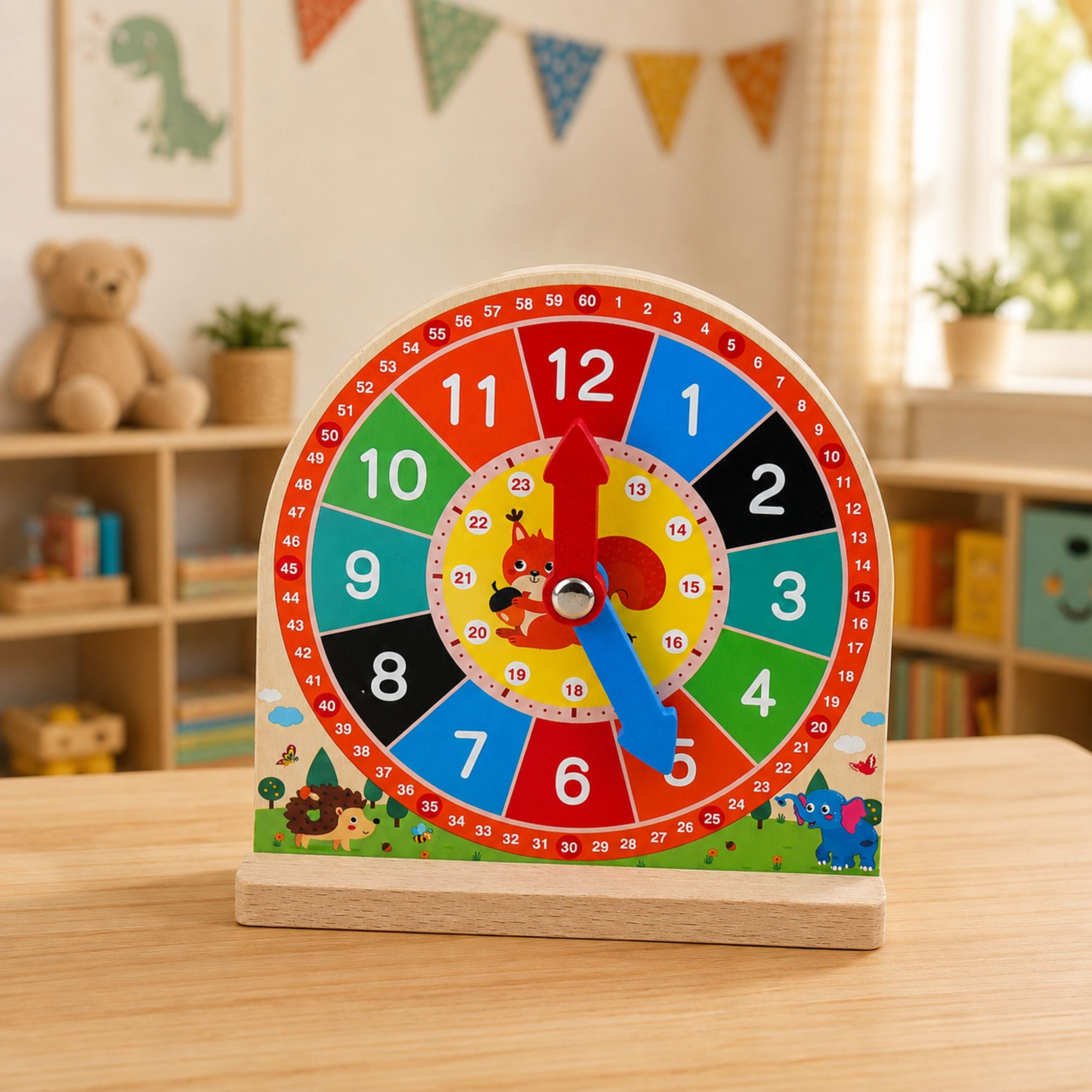 Wooden Educational Clock For Learning Hours Movable Hands Cards 55 Pcs.
