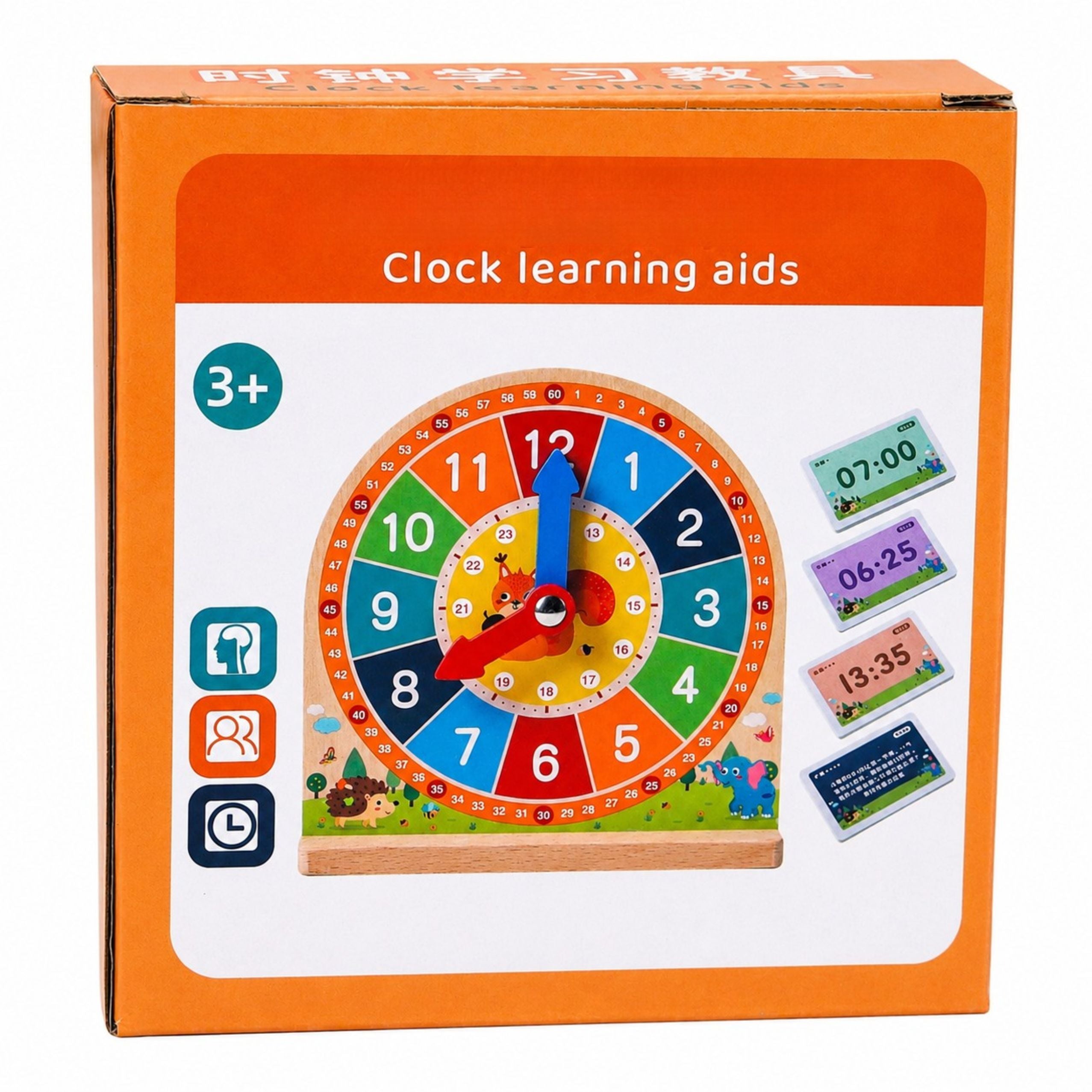 Wooden Educational Clock For Learning Hours Movable Hands Cards 55 Pcs.