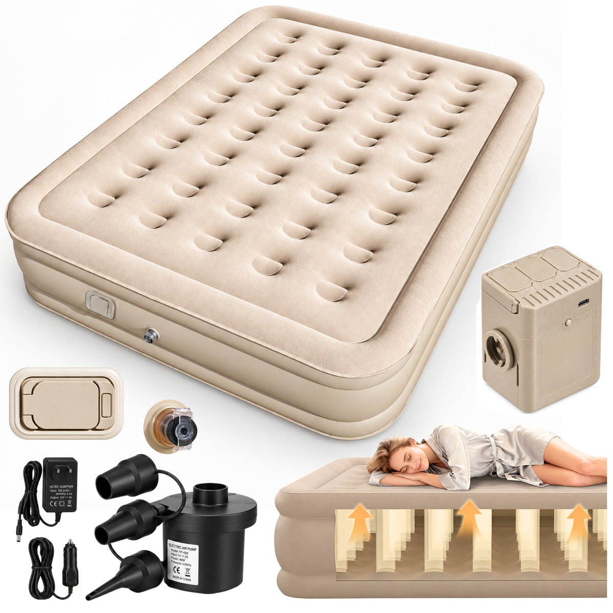 2-personers oppustelig madras med elektrisk pumpepude Beige 198x152 cm