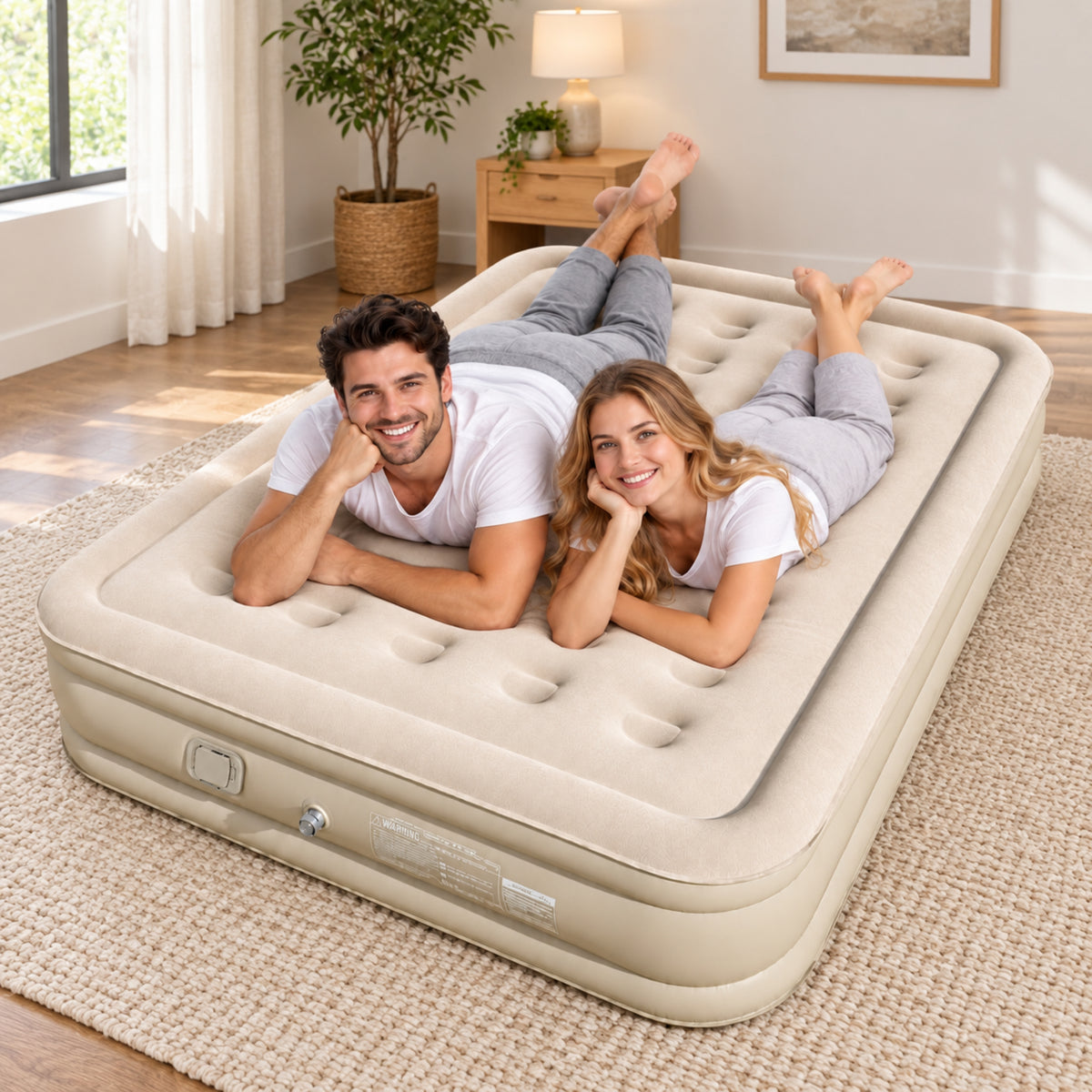 2-personers oppustelig madras med elektrisk pumpepude Beige 198x152 cm