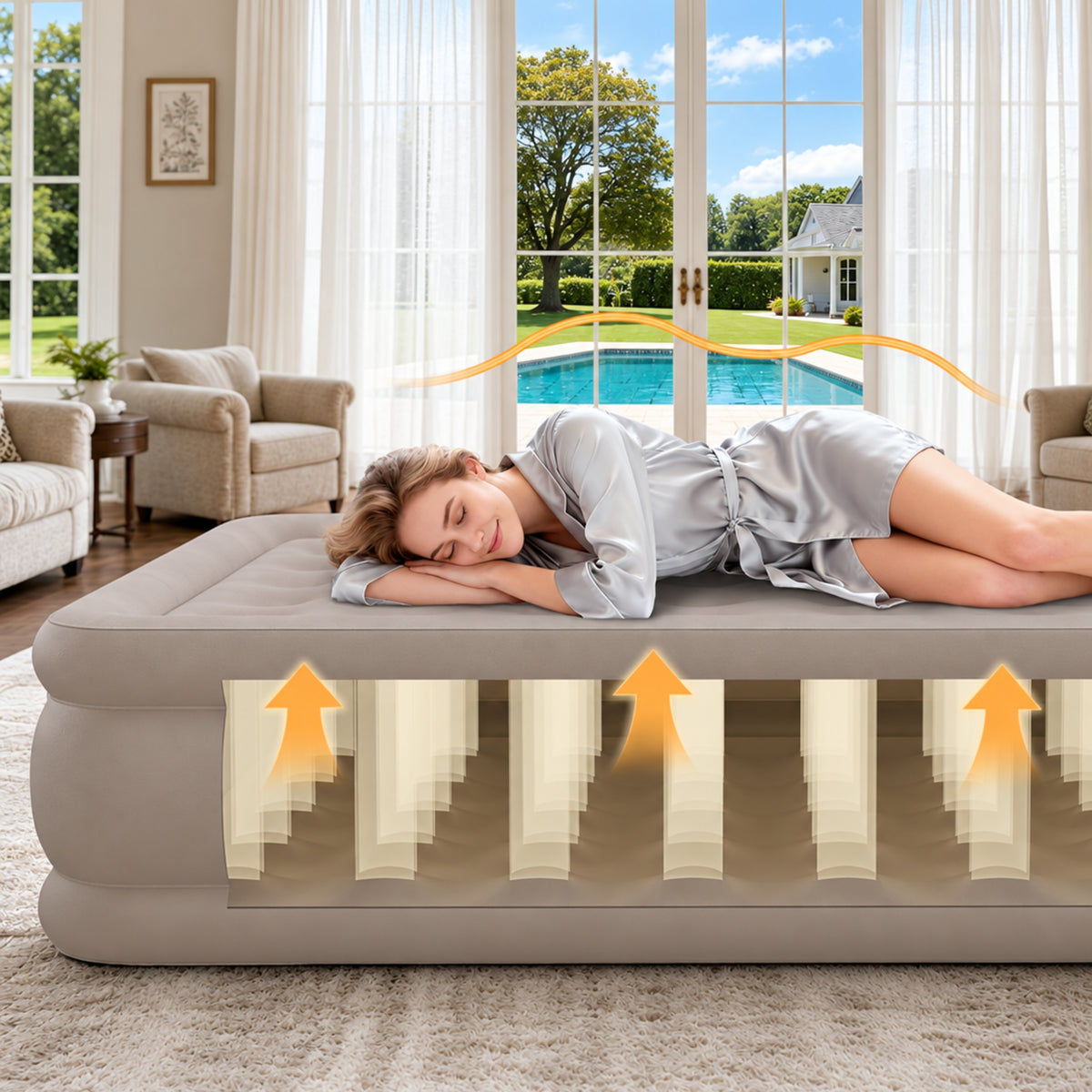 2-personers oppustelig madras med elektrisk pumpepude Beige 198x152 cm