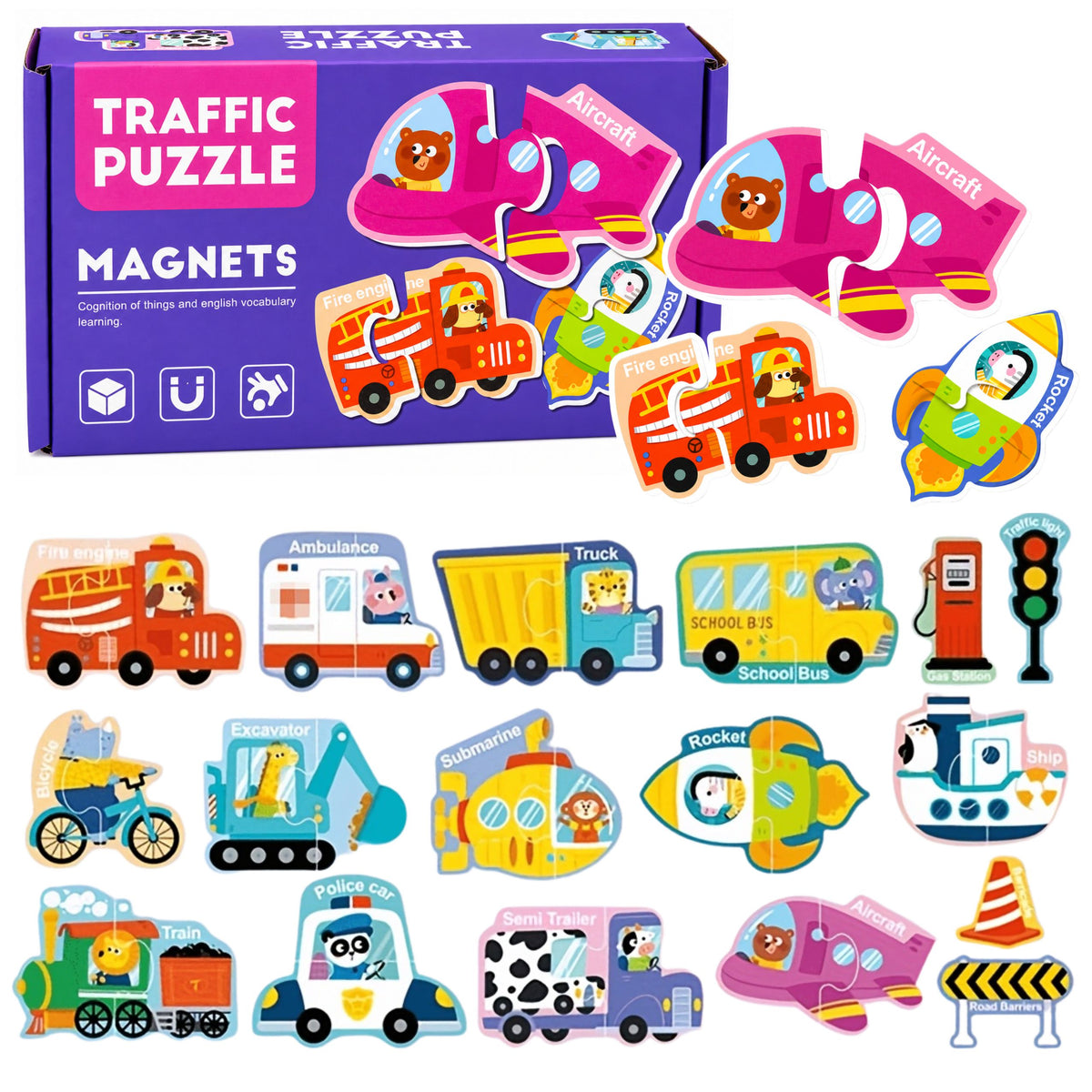 Magnetic Puzzle Vehicles Learning Means Of Transport Set 30 Pcs.