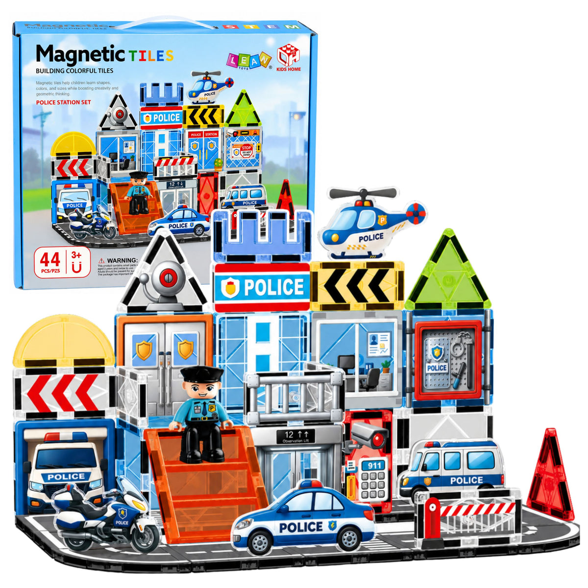 Magnetic Construction Blocks Police Base Vehicles Policeman 44 Pcs.