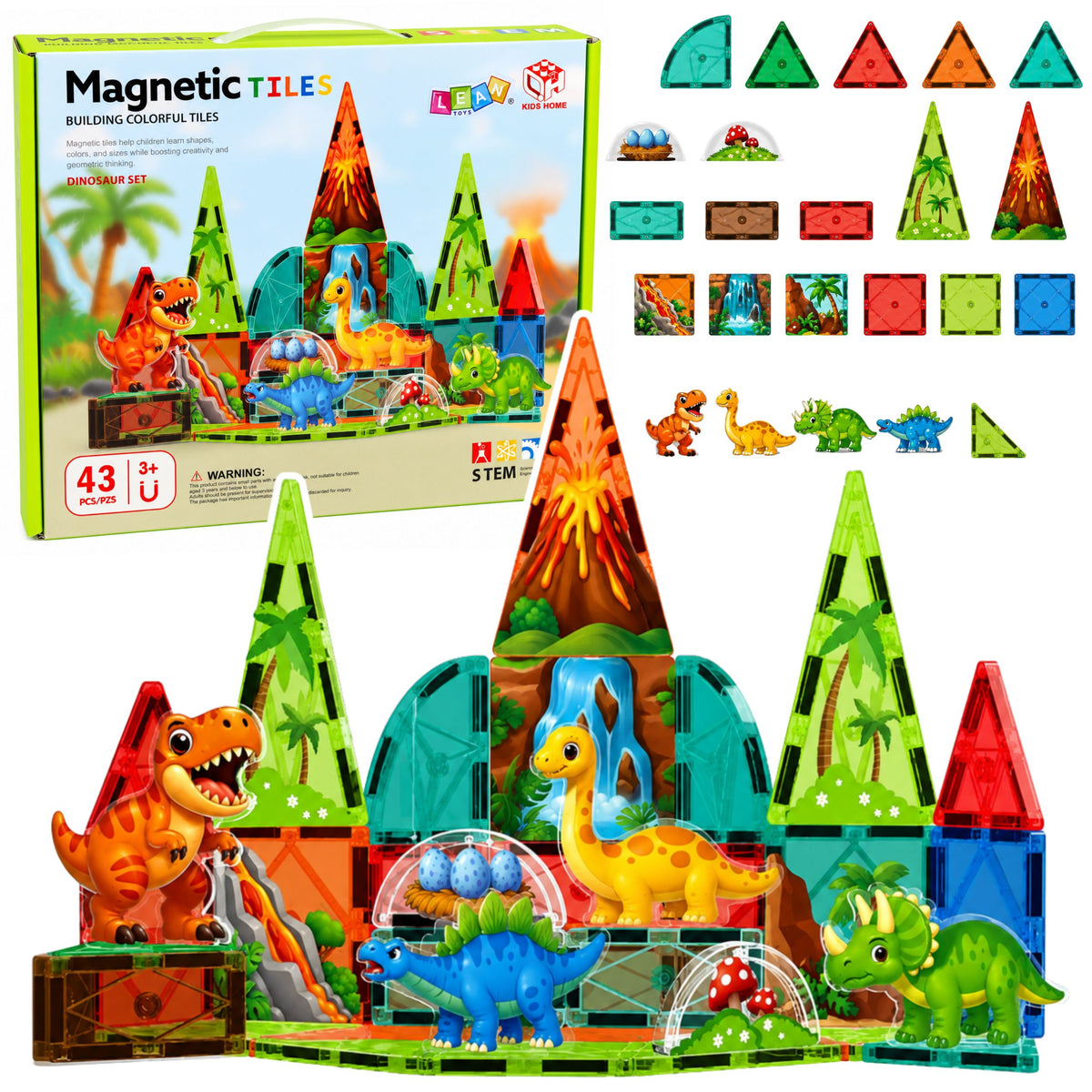 Klocki magnetyczne Dinozaury Wulkan Kolorowe 43 szt.