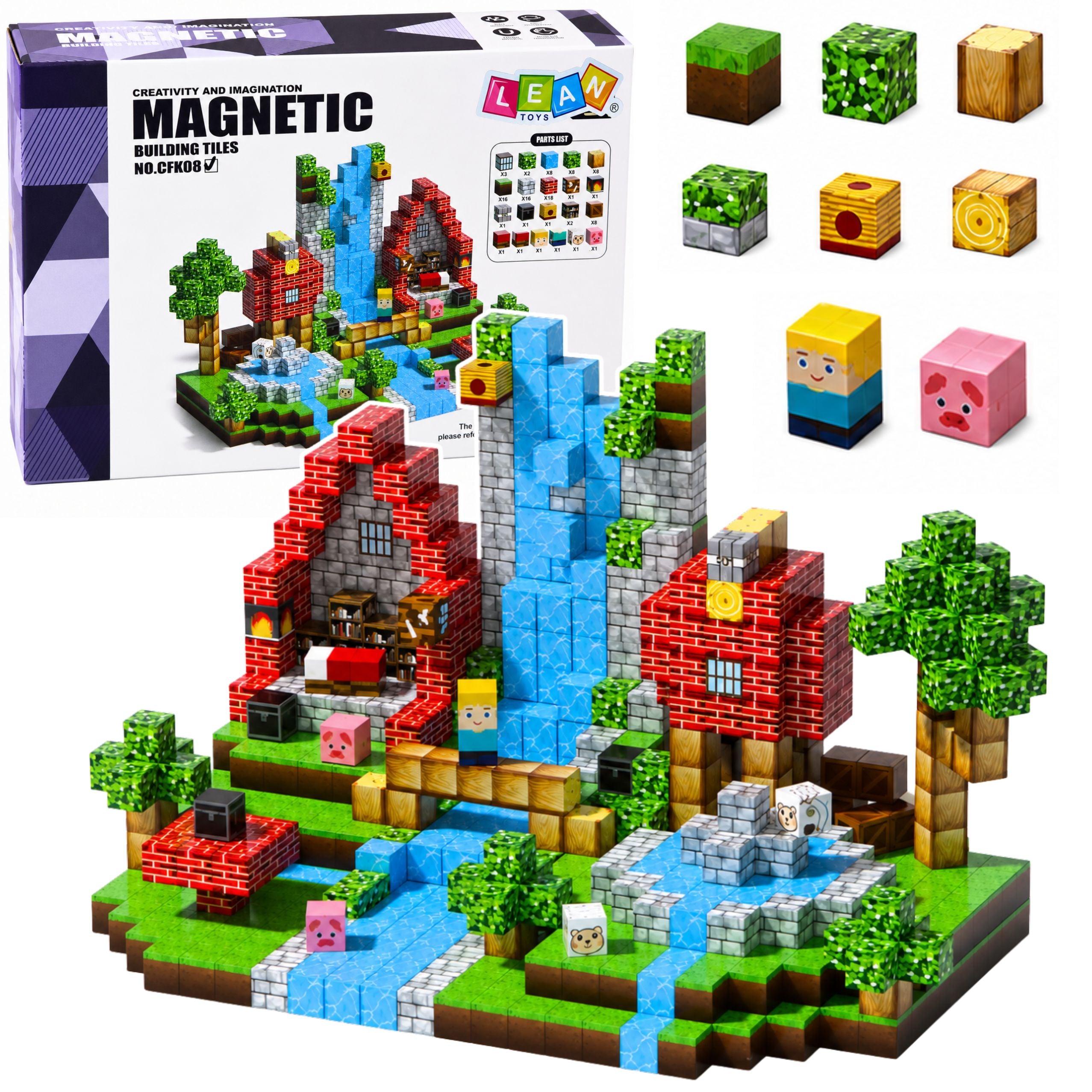 Set Of Magnetic Blocks Cubes Pixels Forest Waterfall 3d 100 Pcs.