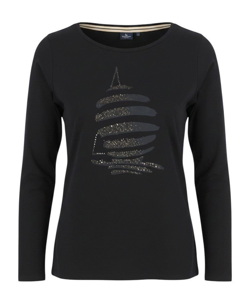 Marina Yachting Camiseta de mujer de algodón negro con cuello redondo y diamantes de imitación