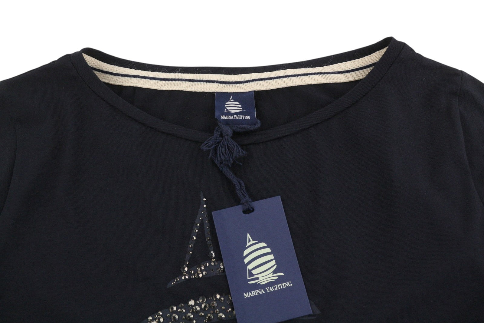 Marina Yachting Camiseta de mujer de algodón negro con cuello redondo y diamantes de imitación