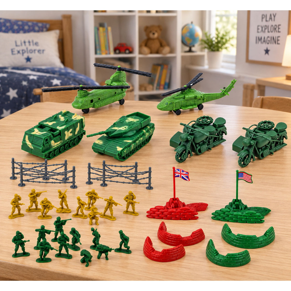 Militärset Soldater Figurer Militärfordon Karta Tillbehör 121 st.