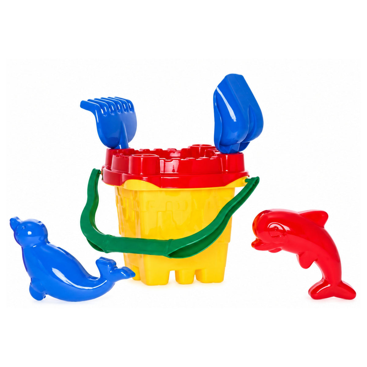 Sand Castle Set Bucket Strainer Candy Molds Shovel Rake 7 Pcs.