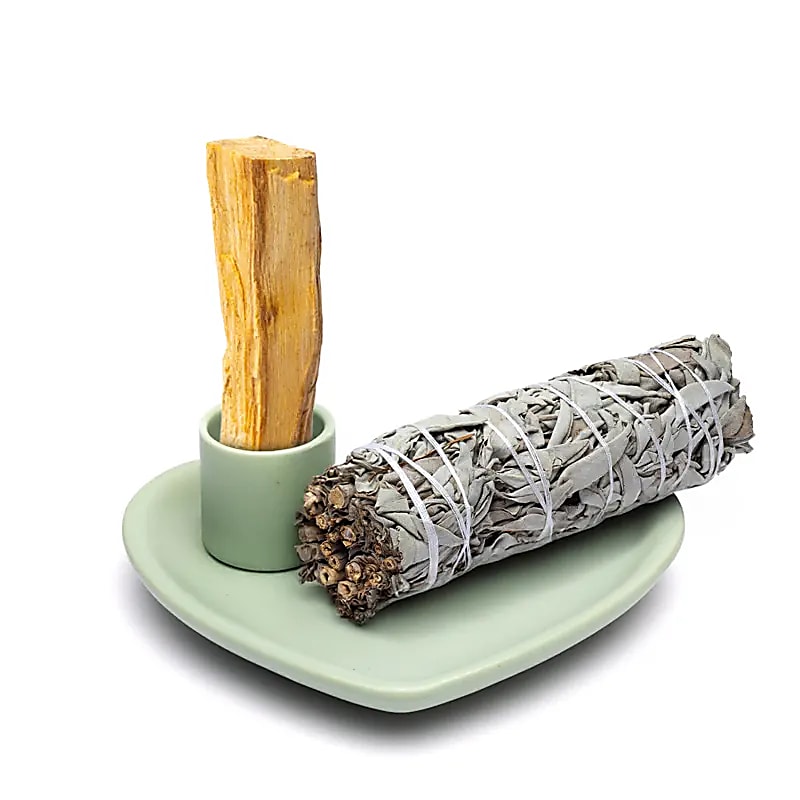 Keramiskt kladdskål och Palo Santo-brännare hjärtformad pastellgrön - 12x11x4 Cm