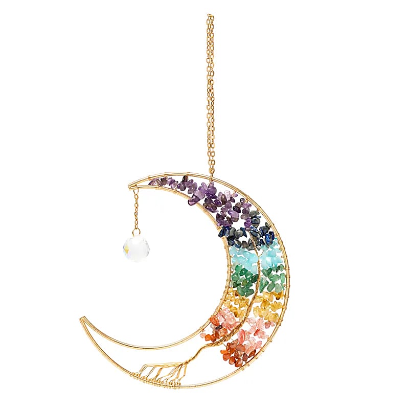 Suncatcher Moon cu Arborele Vieții și Pietre Chakra - 28,5x16,5 cm
