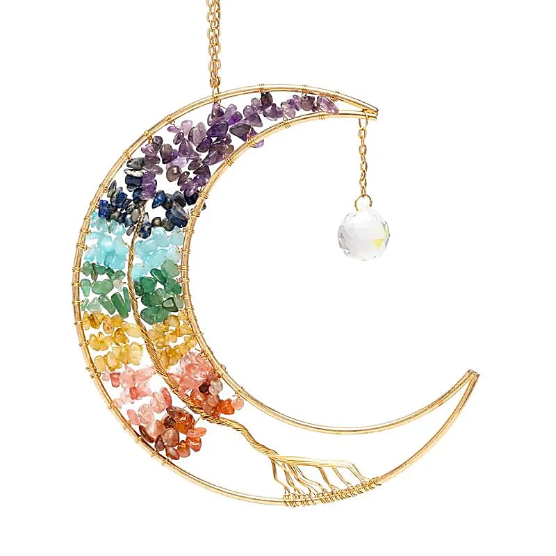 Suncatcher Moon cu Arborele Vieții și Pietre Chakra - 28,5x16,5 cm