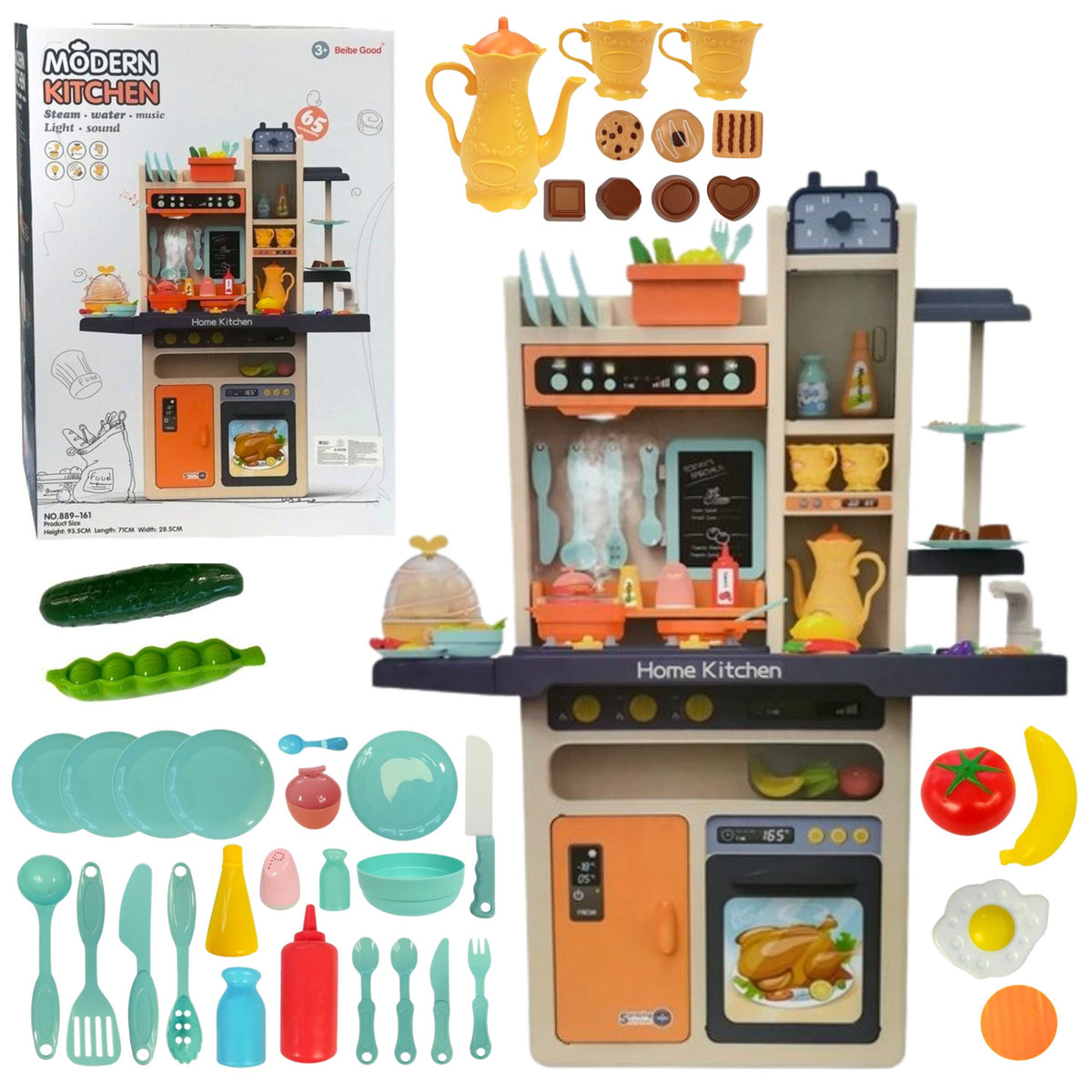 Children's Kitchen Pair Lights Sounds Plates Pots Accessories 65 Pcs.