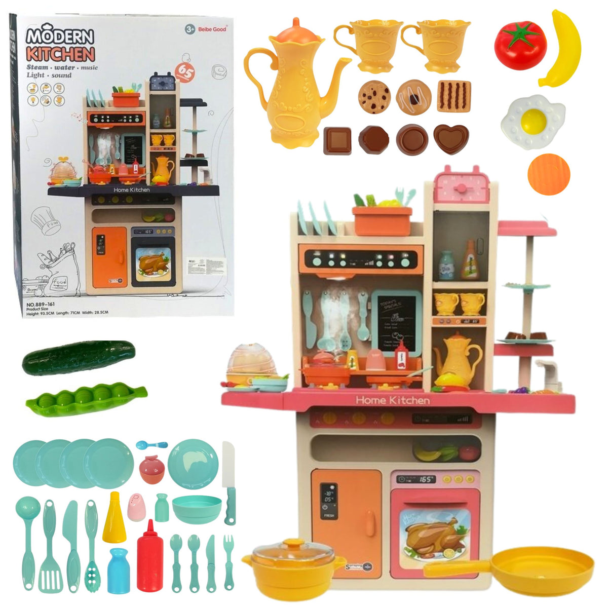 Children's Kitchen Pair Lights Sounds Plates Accessories Pink 65 Pcs.