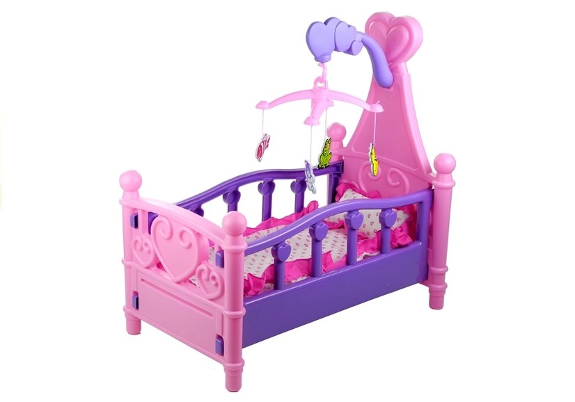 Large Doll's Bed With Mobile And Bedding Pink And Purple 48cm