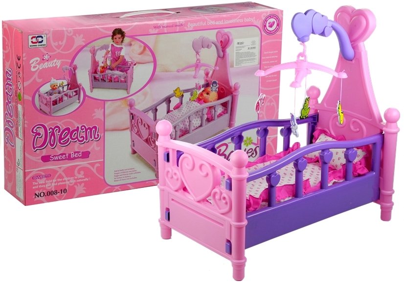 Large Doll's Bed With Mobile And Bedding Pink And Purple 48cm