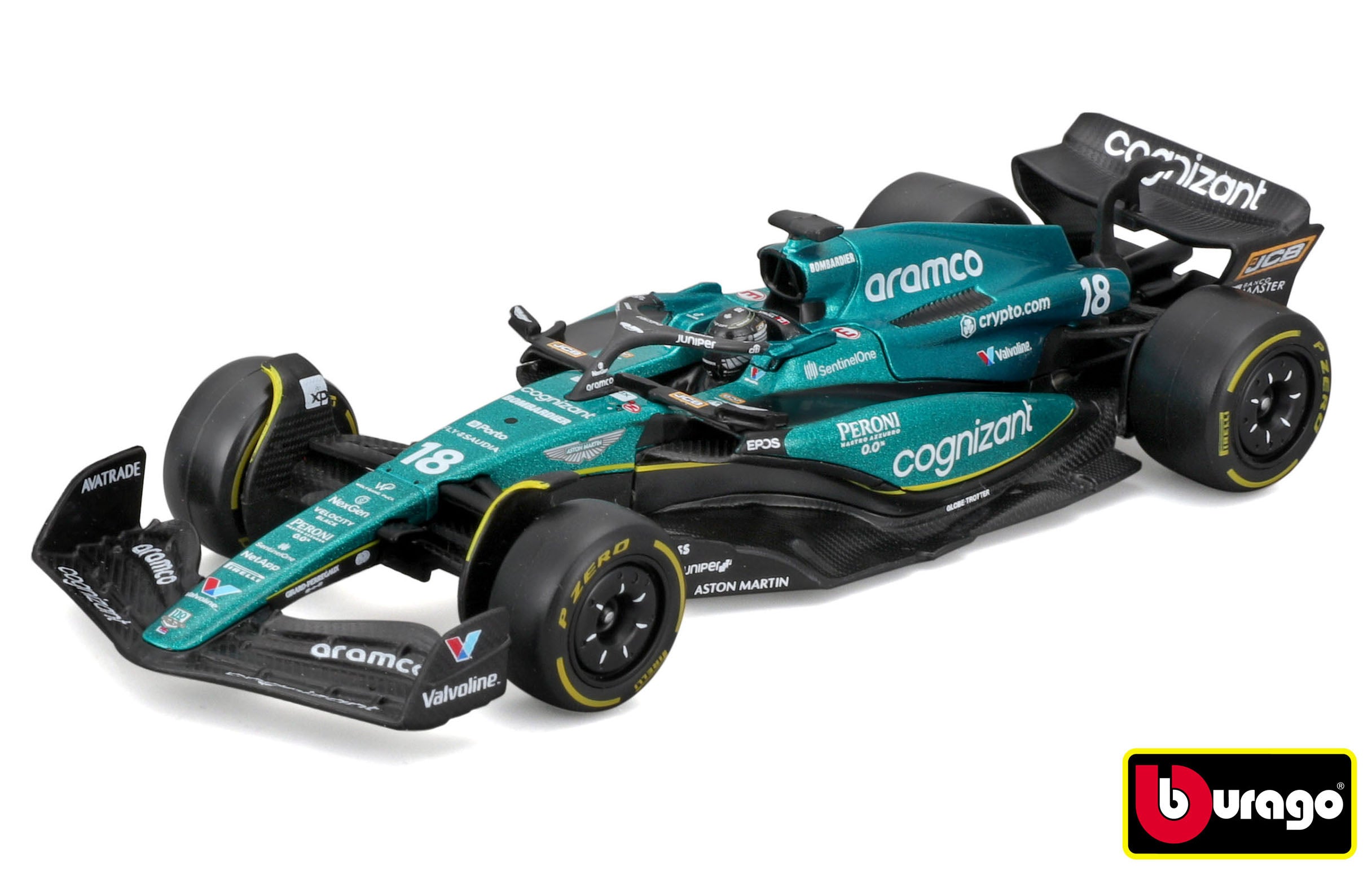 Bburago 1:43 Závod Formule F1 – Aston Martin Amr23 (2023) #18 Lance Stroll With Driver And Decorativ