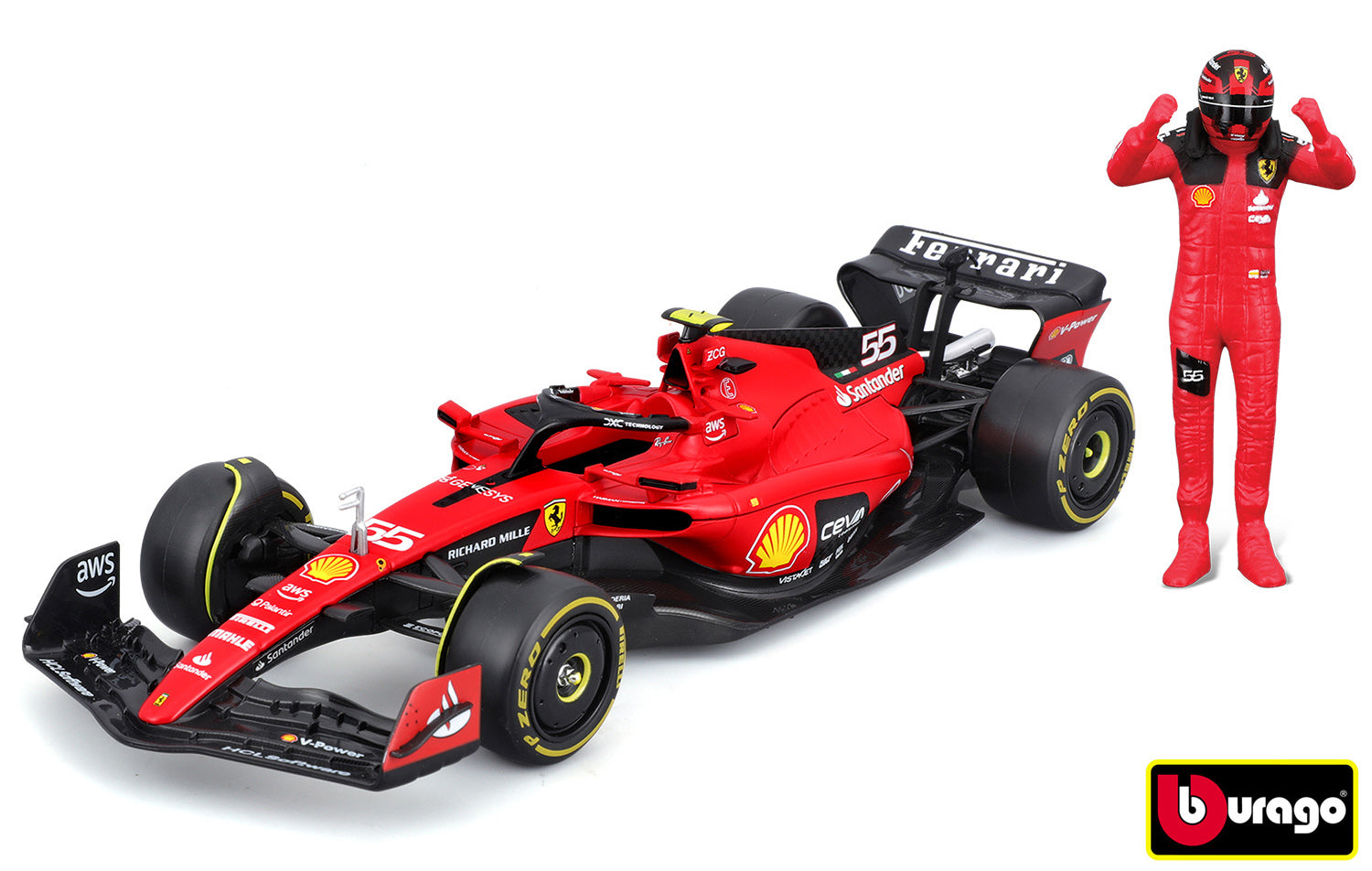Bburago 1:24 Formule F1 Ferrari Scuderia Sf-23 (2023) Nr.55 Carlos Sainz – S jezdcem a Decorati