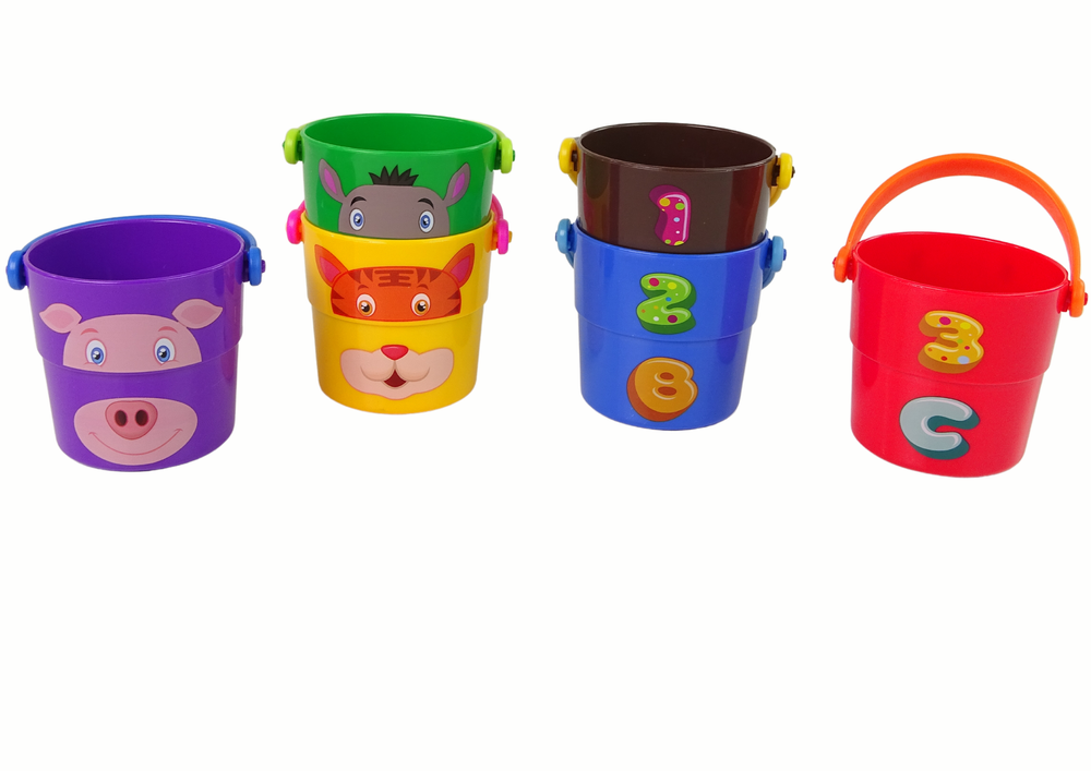 A Set Of Colorful Buckets With Animals - A Pyramid