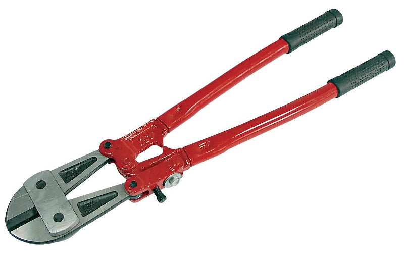 Cortador de parafuso. Solte as mandíbulas forjadas. Cabo tubular de aço pintado de vermelho com mangas de borracha preta. Parafuso de ajuste para regulação da força de corte. Tamanho 600mm.