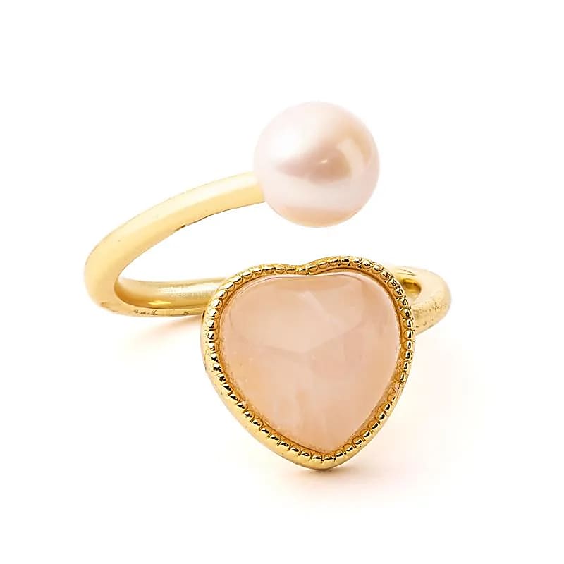 Nastavitelný prsten s perlou a Rose Quartz srdcem - balení 2 ks - ±2 cm