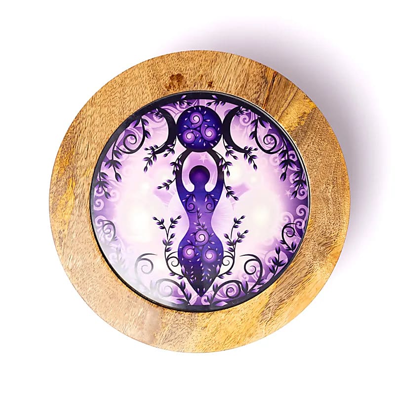 Trä sidobord Mångudinna tryck på glas - ±1450g; ±30x12,5cm