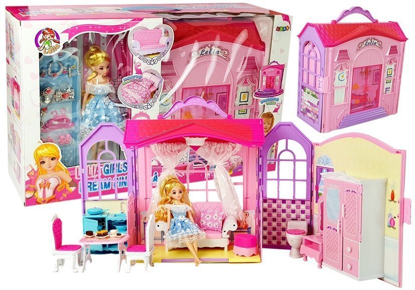 Fold-out Dollhouse Blonde Doll With Accessories Kitchen Toilet Bedroom In A Suitcase