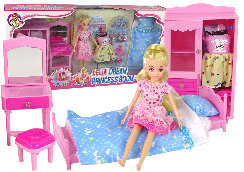 Doll + Furniture Set Bed Wardrobe Dressing Table