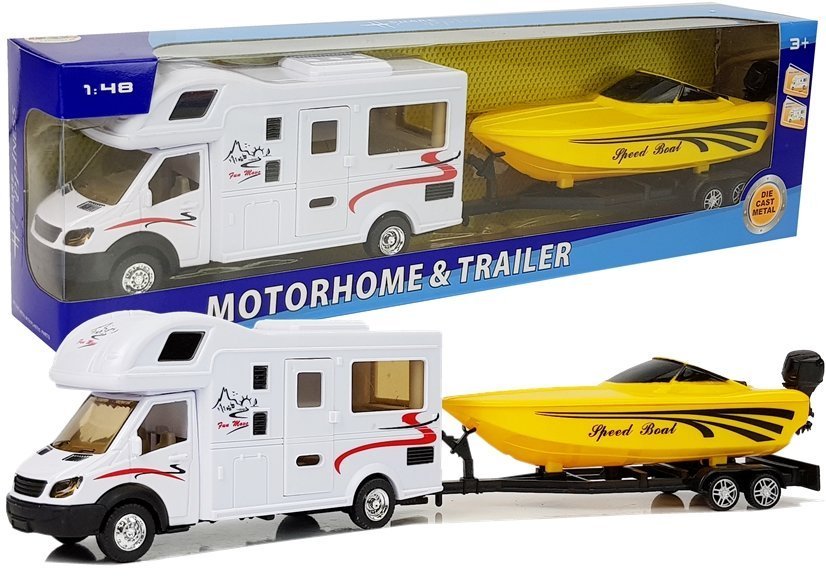 Wohnmobile With A Yellow Motorboat And 1:48 Friction Drive
