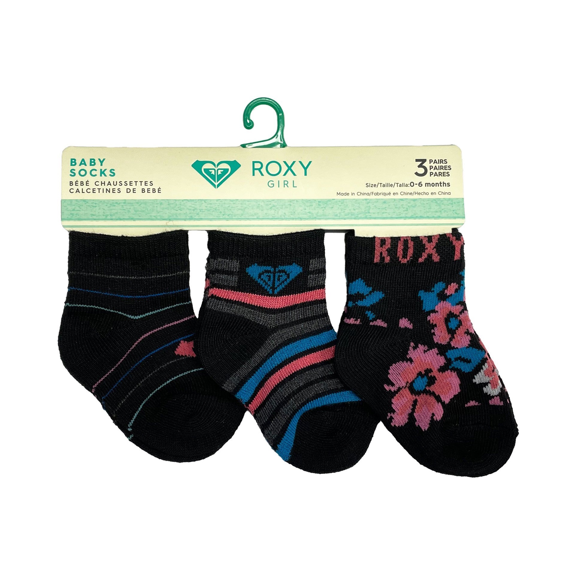 Pack 3 Calcetines Bebé Roxy Inside Spark Logo 66094t Negro/Rosa 0-6 Meses