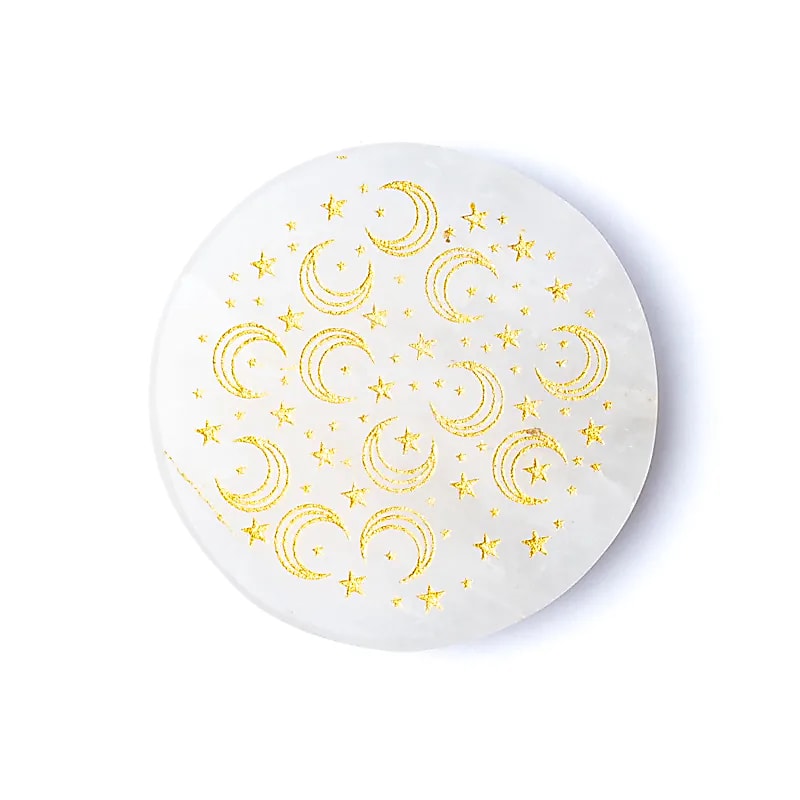 Graverad Mineralskiva Bergkristall Månar Och Stjärnor - ±5cm Set med 2 st