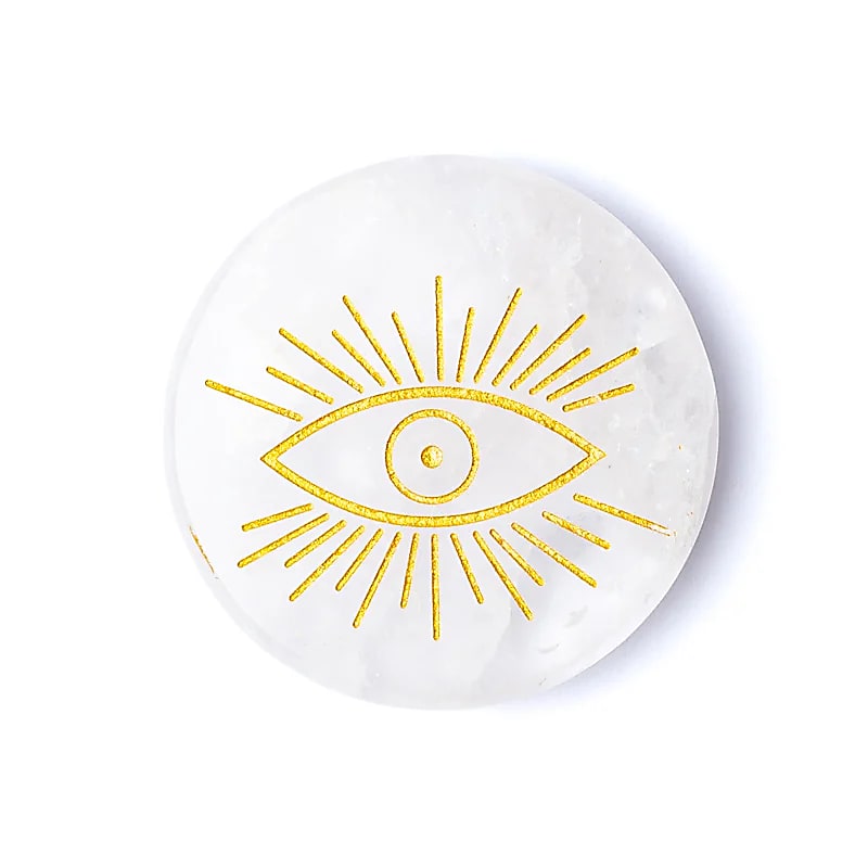 Grawerowany dysk mineralny Allseeing Eye z kryształu górskiego - ± 5 cm Zestaw 2 szt