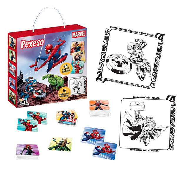 Gioco di memoria Marvel in una scatola con un libro da colorare