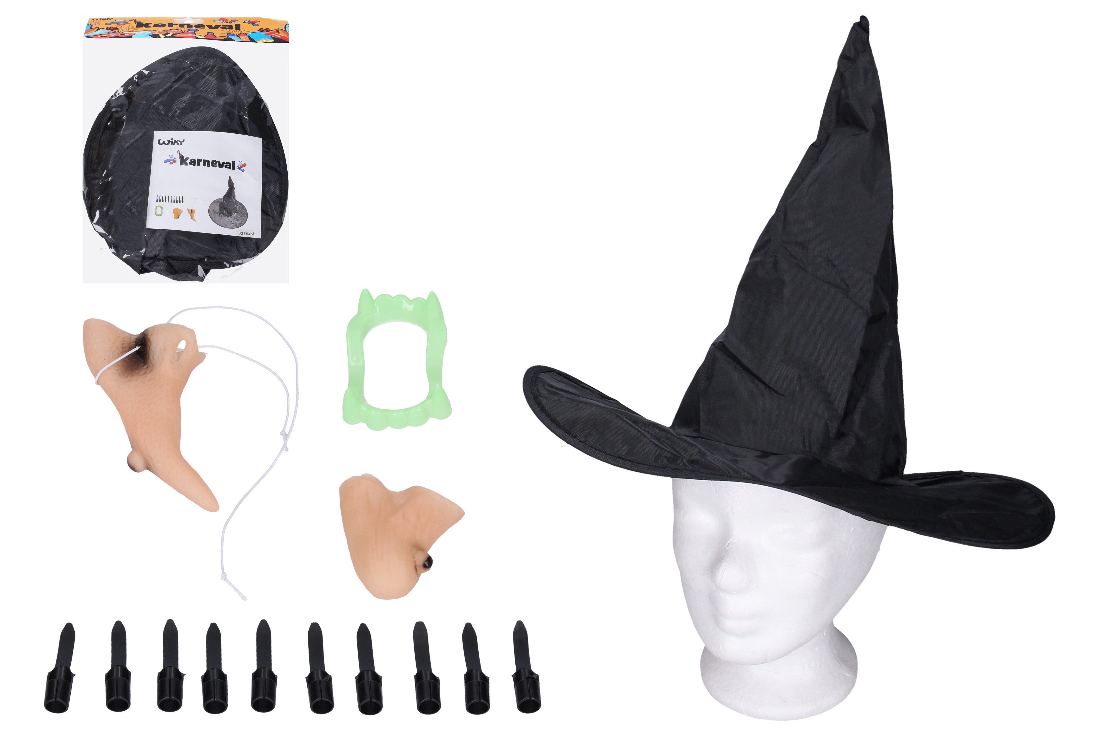 Set Carnevale - Strega (naso, mento, dita, cappello e denti)